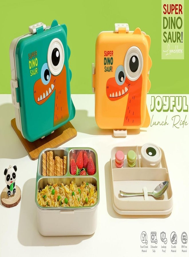 TEC TAVAKKAL Super Dinosaur Yellow Kids Lunch Box - Stainless Steel Insulated Tiffin for School with Spoon, BPA-Free | Leak-Resistant Bento Box with Tray & Container | 1120ml + 70ml (Dinosaur, Yellow) - Image 3